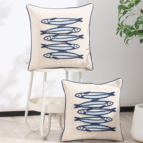 LUOYEHK Summer Coastal Throw Pillow Covers 18x18 Set of 2 Embroidered Blue and White Fish Decorative Pillow Cases Ocean Themed Canvas Cushion Covers for Couch Sofa Bed Living Room, Sardines - color: Sardine Fish