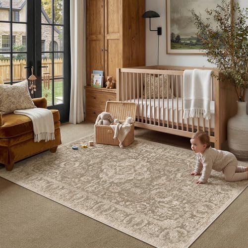 HUGEAR 3x5 Entryway Rug Taupe Machine Washable Rug Small Area Rugs Room Decor Distressed Vintage Indoor Mat Non Slip Low Pile Carpet for Kitchen Living Bedroom Soft Lightweight - color: C| Taupe, size: 3' x 5' (Rectangular)