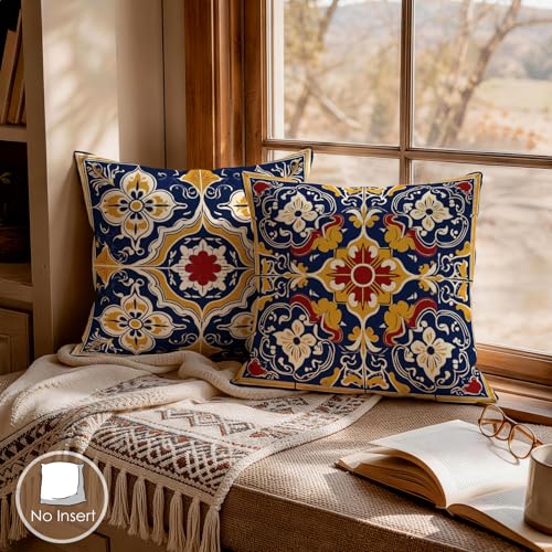 OBSEDE Throw Pillow Covers Set of 4, 18x18 Inch Blue and Yellow Mediterranean Tile Print, Bohemian Floral Decorative Pillow Cases for Sofa Couch Bedroom, Farmhouse Outdoor Home Decor - color: Sicilian Summer, size: 18" x 18" (Pack of 4)