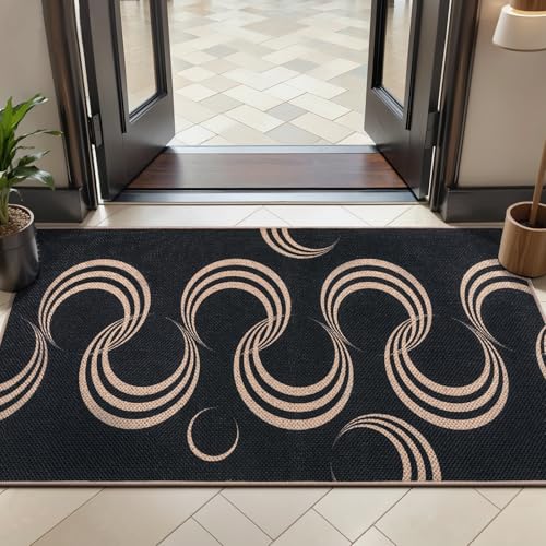 Tangsoo Easy Jute 2x4 Small Throw Rugs for Entryway,Washable Thin Indoor Outdoor Door Mat,Black Non-Slip Indoor Floor Small Carpet for Entrance Kitchen Hallway Bedroom Front Porch - color: Black Arc, size: 2x4ft