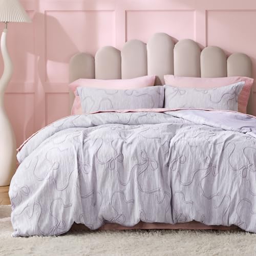Bedsure Purple Duvet Cover King Size with Bowknot Jacquard Design, Soft and Elegant Boho Bedding Set, Luxurious Craftsmanship for a Stylish Bedroom,Includes 1 104"x90" Duvet Cover & 2 Pillow Shams - color: 02 - Purple Bowknot (No Comforter), size: King (1