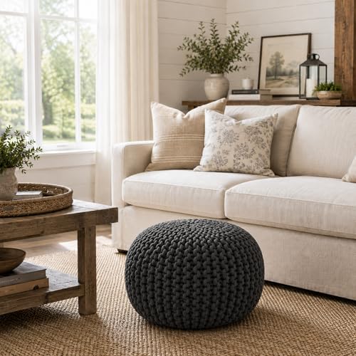 Casafield Round Pouf Ottoman, Black - 20" Diameter x 14.5" High Cotton Knit Foot Stool - Boho Floor Pouffe for Living Room, Bedroom, Home Office - color: Black, size: 20"D x 20"W x 14.5"H