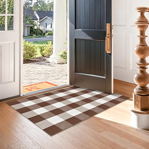 Buffalo Plaid Outdoor Rug 2.3 x 3.6 Ft Brown and White Checkered Rug Cotton Buffalo Plaid Rug Front Door Mat for Front Porch Farmhouse Entryway - color: Brown and White, size: 2.3‘×3.6’