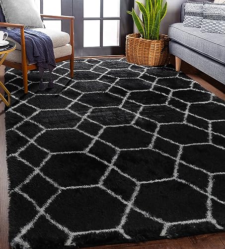 ONASAR Area Rugs for Bedroom Living Room, Fluffy 4x6 Black and White Rug, Geometric Shaggy Plush Bedside Indoor Floor Carpet for Nursery Kids Teens Girls Boys Dorm Home Office Decor - color: 4- Black / White, size: 4' x 6' (Rectangular)