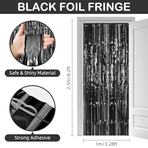 30 Pack Black Foil Fringe Curtain Backdrop, 3.3x8.2 Feet Metallic Tinsel Streamer Curtains Photo Booth Props for Birthday/Graduation/Bachelorette/Halloween/Christmas/New Year/Disco Party Decorations - color: Black