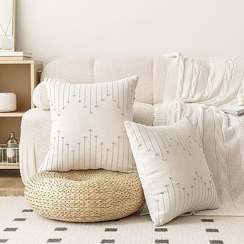 LILEPOY Boho Throw Pillow Covers 18x18 Set of 2 Neutral Decorative Textured Cushion Case Farmhouse Pillowcase Modern Square Pillow Covers for Sofa,Couch, Living Room,Beige and Green - color: Beige and Green, size: 18" x 18" (Pack of 2)