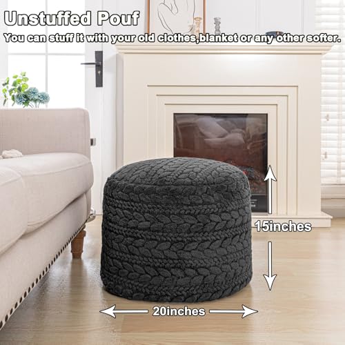 Poofieotto Unstuffed Ottoman Pouf Cover – Round Faux Fur Footstool Plush Floor Pouf (No Filler Included) Perfect for Living Room, Bedroom, or Office Lounge (Gray, 20x20x15 in) - color: Grey, size: 20"D x 20"W x 15"H