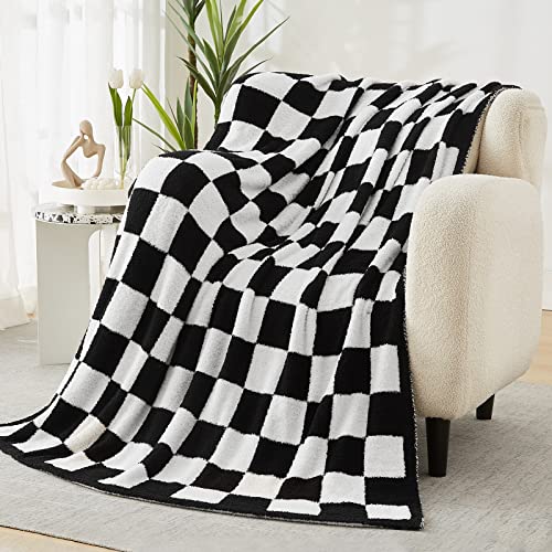 WRENSONGE Checkered Throw Blanket, Black and White Soft Cozy Fluffy Warm Hand Made Throw Blankets for Couch, Sofa, Chair, Bed, Camping, Picnic, Travel Lightweight Bed Blanket - 50"*70" - color: Black White, size: Throw-XL(50"x 70")