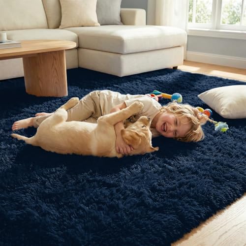 DweIke Fluffy Navy Blue Rugs for Bedroom Living Room, 3x5 Feet Soft Plush Shaggy Dark Blue Girls Boys Kids Rug, Non-Slip and Machine Washable Carpet for Dorm Nursery Classroom Decor - color: Navy Blue, size: 3 Ft X 5 Ft