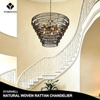 39.4" Large Rattan Chandelier, 15-Light Black Boho Woven Wicker Chandeliers, 7-Tier Rustic Farmhouse Drum Light Fixture for Dining Room, Kitchen, Living Room, Entryway, E12 - color: Black 39IN