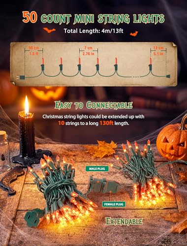 Hopolon Orange Halloween Lights, 50 Count Incandescent Mini String Light, Connectable 13 FT Green Wire Christmas Lights Plug in for Indoor Outdoor Halloween Party, Fall, Thanksgiving Decor, Orange - color: Orange,Green Wire, size: 1PACK, 50 count