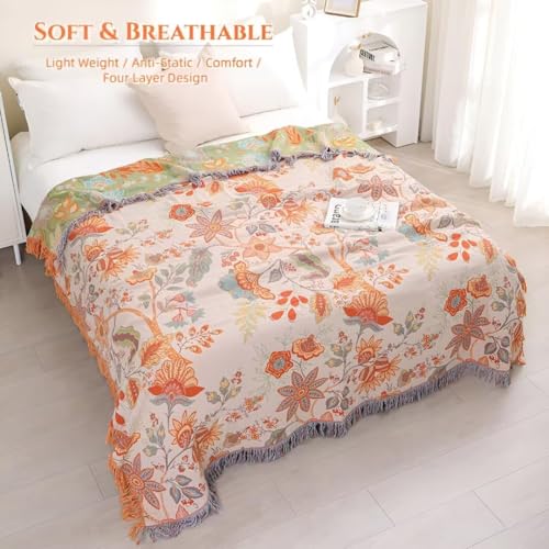 Boho Throw Blanket for Bed 100% Cotton Bohemian Blankets Ultra Soft Woven Muslin Decorative Blankets All Seasons Vintage Quilt Knitted Blanket for Sofa Chair(Orange, 90"x98") - color: D-orange, size: 90"x98"