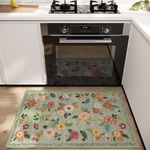 2x3 Washable Small Rugs for Entryway: Area Rug Non Slip Door Mat Indoor Entrance Low Pile Soft Faux Wool Non Shedding Lightweight Distressed Throw Rugs for Front Door Bedroom Bathroom Kitchen Entry - color: Green Floral, size: 2' x 3' (Rectangular)