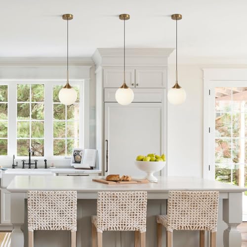 KCO Lighting Mid Century Modern Milk Glass Pendant Light Large White Globe Hanging Light Gold Ceiling Light Fixture 1 Light Pendant Lighting Brushed Brass Hanging Light Fixture - color: White