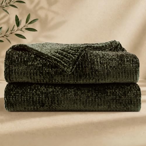 Chenille Throw Blanket for Couch, Cozy Soft Blanket Twin Lightweight Decorative Throw for Living Room Sofa Chair, Stylish Home Decor, Ideal for Gifting, Olive Green 60"x80" - color: Olive Green, size: Twin