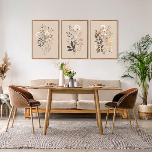 CHDITB Botanical Flower Framed Canvas Wall Art Set Of 3, Modern Nature Wildflower Wall Decor, Rustic Floral Wall Painting, Vintage Flowers Art Prints For Bedroom Living Room Office Decor (12X16 Inch) - color: Floral wall art 3