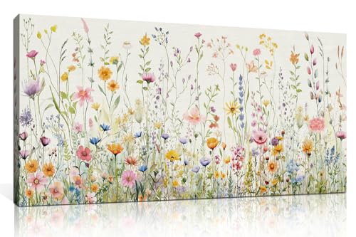 HPINUB Colorful Flower Framed Canvas Wall Art Set, Watercolor Daisy Floral Wall Decor, Wildflower Green Leaf Wall Painting, Multicolour Botanical Art Print for Living Room, Bedroom, Office - 20"x40" - color: Colorful Wildflower Wall Art, size: 40"L x 20"W
