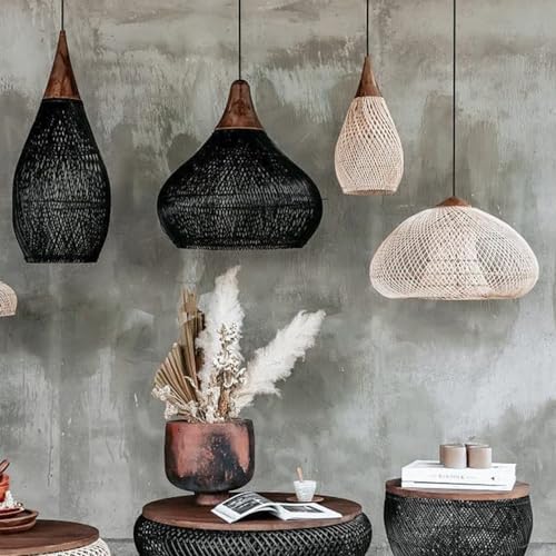 Rattan Pendant Light Wood Black Wicker Ceiling Hanging Lamp Bamboo Chandelier Farmhouse Vintage Rustic Cage Dome Pendant Lighting for Dining Room Table Kitchen Island Living Room Bedroom