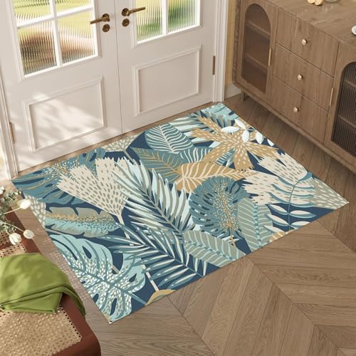 Modern Floral 1.5 x 2.5ft Non-Skid (Non-Slip) Low Profile Pile Rubber Backing Indoor Area Rugs - color: Deep Teal and Soft Gold, size: 1.5 x 2.5ft / 18 x 30in / 45 x 75cm