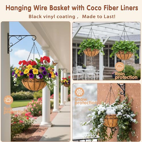 10 inch Metal Hanging Baskets For Plants Outdoor 4 Pack Round Metal Wire Hanging Basket Planter with Coco Fiber Liners Chain Round Wire Plant Holder for Garden, Patio, Deck, Porch Plants Flower Potsss - size: 10 Inch, style: Flower Border