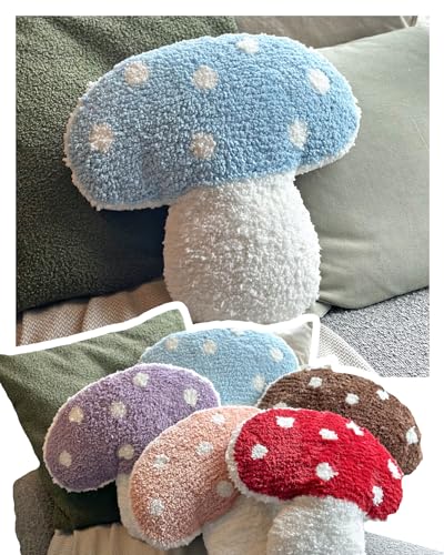 Mushroom Throw Pillow Tufted Decorative Cushion 15” x 15” – Decor for Bed, Couch, Living Room (Blue) - color: Blue