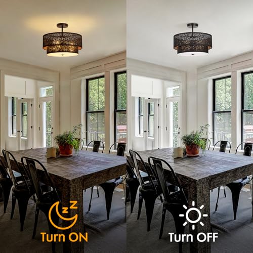 Modern Black Linen Drum Semi Flush Mount Ceiling Light with Pierced Design, Perfect Lighting Fixture for Bedroom, Dining Room, Kitchen, Living Room, or Hallway Chandelier Lamp - color: Black