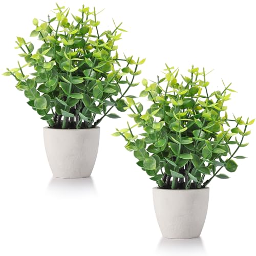 FAVOWREATH 2 Pack Fake Plants Ceramic Mini Artificial Greenery Potted Plants for Home Decor Office Decor Room Decor Farmhouse Decor Indoor Table Bathroom Decor - color: 2 White