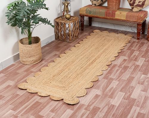 Hand Woven Natural Jute Scalloped Rug, Reversible Boho Entry Area Rugs for Kitchen, Living Room, Farmhouse Indoor Outdoor Decorative Floor-Rug, Bohemian Style Size 2x6 Ft - size: 3' x 5'