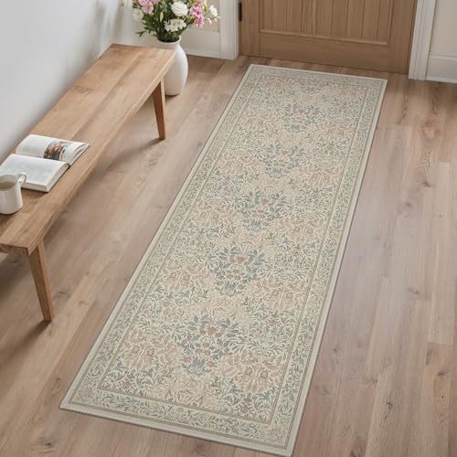 Bavni 2x6 Runner Rug Non Slip, Kitchen Rugs Non Slip Washable, Thin Bathroom Runner for Hallway Laundry Room Entryway, Ultra Soft Botanical Carpet, Modern Boho Floral Indoor Floor Decor, Beige Pink - color: Beige Pink, size: 2' x 6' (Rectangular)