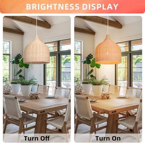 Arturesthome 1 Light Rattan Woven Pendant Light 13.78in Handmade Ceiling Lighting Fixture Chandelier Hanging Lamp Lampshade for Kitchen Island Dining Room Hallway Foyer