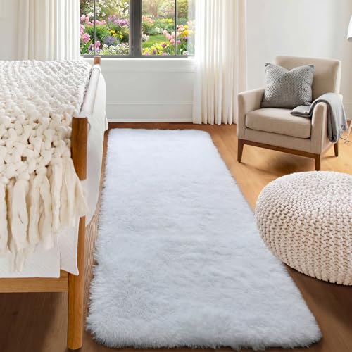 ONASAR White Runner Rugs for Bedroom Living Room, Luxury Bedside Fluffy Area Rug 2x6 Feet, Ultra Soft Plush Faux Fur Floor Throw Carpet for Hallway Nursery Kids Dorm Home Decor Aesthetic - color: White, size: 2' x 6' (Runner)