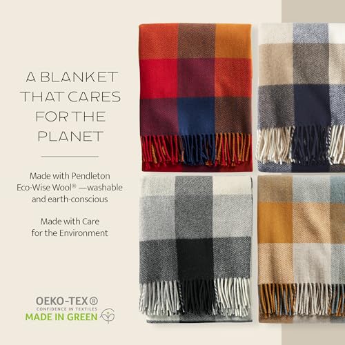 Pendleton Eco-Wise Washable Throw with Fringe 54" x 60" - 100% Wool, All Season, Washable, Soft and Durable Blanket for Home and Outdoor Adventures - Navy/Camel - color: Navy/Camel