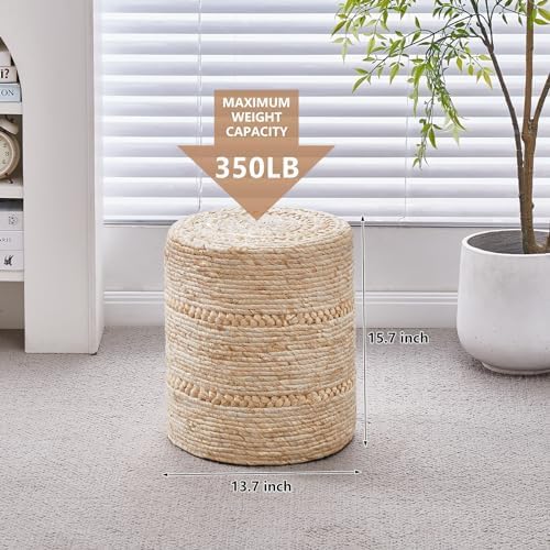 Wimarsbon 2Pcs Pouf Ottomans, Natural Seagrass Foot Stool, Hand Weaving Round Ottoman, Boho Decorative Seat, Jute Braided Pouffe Poof Accent Sitting Footrest for Living Room (Corn Husk)