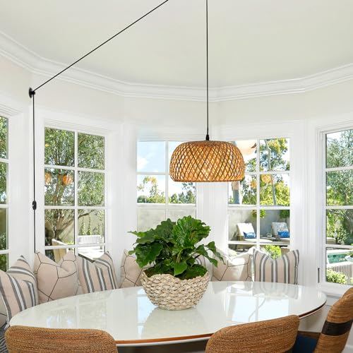 HuisMier Dimmable Plug in Pendant Light Rattan Hanging Lights with 15 Ft Plug in Cord, Handmade Bamboo Lampshade Boho Hanging Light Fixture for Kitchen Island Dining Room Bedroom - color: Natural Bamboo