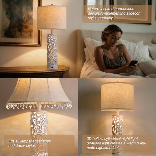 OYEARS 2-in-1 Light Table Lamp Set of 2 for Living Room, 28.5" Farmhouse Bedside Lamps with USB Charging Port, Main&Night Light & Dual Switches, Nightstand Lamp for Bedroom Home Office(Bulb Included) - color: Matte White