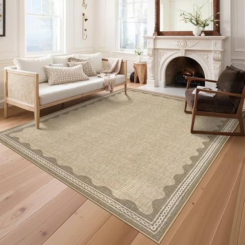 Garvee Large Washable Rug 9x12 Modern Indoor Living Room Rug Non Slip Stain-Resistant Low Pile Floor Cover Ultra Soft Foldable Bordered Print Carpet for Bedroom Nursery Office Dorm Kids Room Jute - color: Border Jute, size: 9' x 12' (Rectangular)