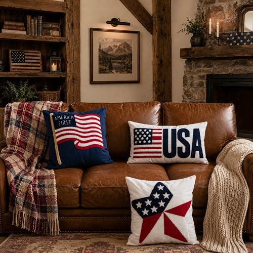 Patriotic America First Throw Pillow Cover, 4th of July Navy Blue 3D Tufted Embroidered Pillowcase, Americana USA Flag Decor for Independence Day, Election Year Party, 18x18 Inch, 1 Piece, Cover Only - color: Waving Flag