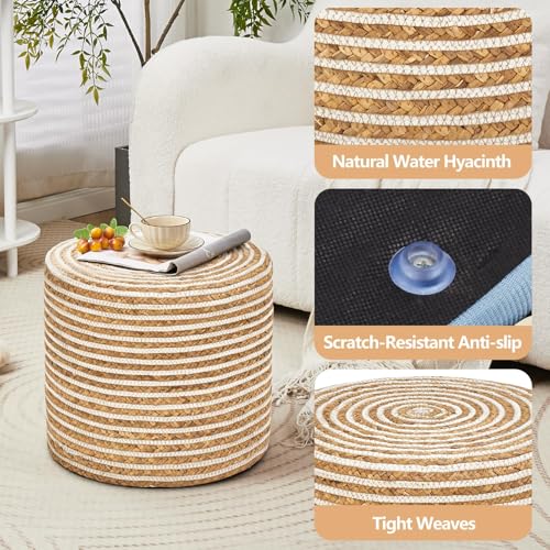 Wimarsbon 2Pcs Pouf Ottomans, Natural Seagrass Foot Stool, Hand Weaving Round Ottoman, Boho Decorative Seat, Jute Braided Pouffe Poof Accent Sitting Footrest for Living Room (18inch 68LI) - color: 18inch Water Hyacinth Braid & White Cotton