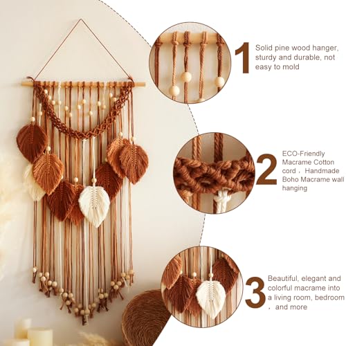 Artilady Macrame Wall Hanging -Handmade Leaf Wall Tapestry,Boho Decorations for Bedroom Living Room Bathroom,Earthy Room Decor Aesthetic,Wedding Birthday for Women Girls - color: Brown Orange