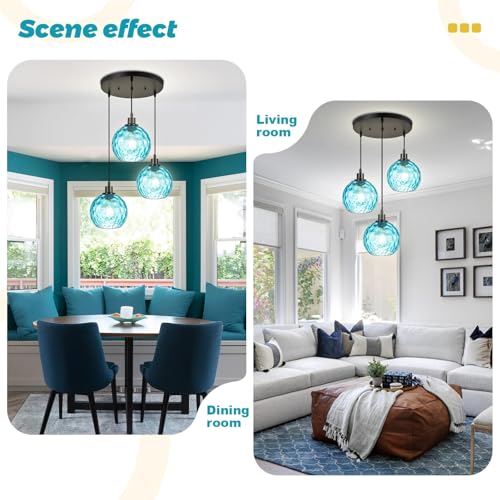 3-Light Kitchen Island Pendant Light with Blue Glass Shades, Adjustable Black Hanging Ceiling Lamp, Mid Century Modern Chandelier for Dining Room, Breakfast Bar, Farmhouse - color: Blue, 3-Light
