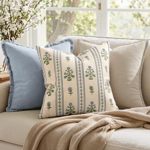 Decorative Vintage Striped Floral Throw Pillow Covers 20x20 Inch Set of 2 Blue Green Farmhouse Boho Botanical Print Cushion Covers for Sofa Couch Chair Bedroom Living Room Summer Home Decor - color: Blue Green, size: 20" x 20" (Pack of 2)