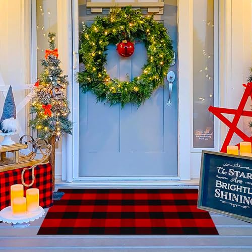 Ckorzen Red Green and White Plaid Rug, 28" x 43" Christmas Front Porch Outdoor Rug, Handwoven Cotton Washable Rug for Layered Door Mats, Holiday Entryway and Home Décor - color: Red & Black, size: 2'4" x 3'7" (Rectangular)