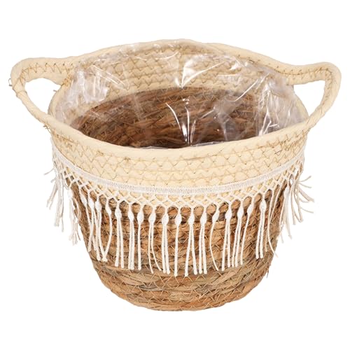 GALPADA Hand-Woven Decorative Plant Basket with Tassel, Small Indoor Woven Flower Planter with Liner, Natural Rope Material Boho Style Plant Holder for Home Garden