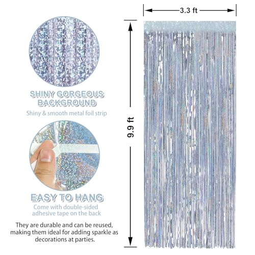 Crosize 2 Pack 3.3 x 9.9 ft Laser Silver Foil Fringe Curtains Party Decorations,Tinsel Curtain Backdrop for Parties, Door Streamers, Glitter Streamer Backdrop for Birthday Decoration - color: Laser Silver, size: 2 Pack