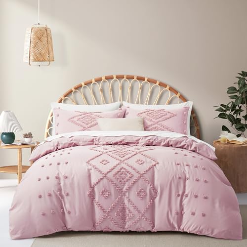 Oli Anderson Tufted Duvet Cover King Size, Soft and Lightweight Duvet Covers Set for All Seasons, 3 Pieces Boho Embroidery Shabby Chic Bedding Set (Pink, King, 104" x 90") - color: Pink, size: King(104"×90")