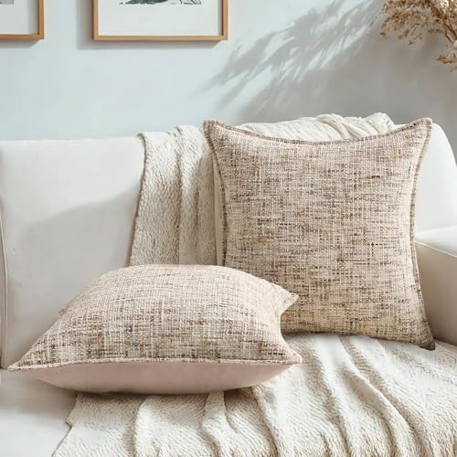 HAUSSY 2 Pack Pillow Covers 16x16 Inch, Reversible Chenille Decorative Throw Pillows Farmhouse Neutral Cushion Covers Home Decor Boho Pillowcases for Couch Living Room Sofa Bed (Beige Brown & Pink) - color: Beige Brown, size: 16" x 16" (Pack of 2)