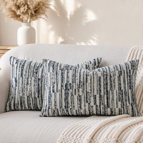 a moment Boho Throw Pillow Covers Set of 2,Striped Decorative Rustic Farmhouse Pillow Cases,Aesthetic Modern Home Decor Couch Cushion Covers for Bed Sofa Living Room 20"X12" Blue - color: Blue, size: 20" x 12" (Pack of 2)