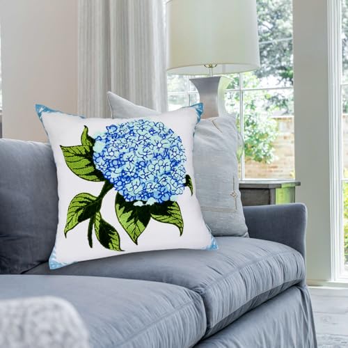 Alysheer Spring Hydrangea Embroidered Decorative Throw Pillow Covers 18"x 18" Set of 2, Summer Blue Green Floral Tufted Patterned Cotton Cushion Cases for Couch Bed Living Room Decor - color: Hydrangea Blue, size: 18" x 18" (Pack of 2)