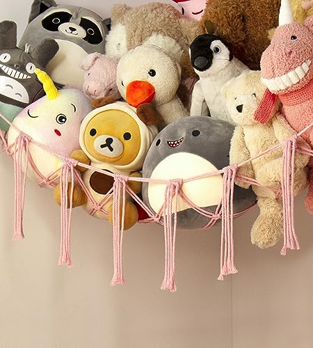 Stuffed Animal Storage Hammock Corner Net - Pink Room Christmas Decor for Teen Girls - Toys Storage Hanging Stuff Animal Organizer Holder Cute Stuff - Boho Nursery Dorm Bedoom Decor Aesthetic - color: BabyPink, size: Standard(41.5"L x 55.2"W x 41.5"H)