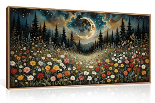 HPINUB Wildflower Moon Pine Tree Framed Canvas Wall Art Set,Nature Forest Wall Decor,Mystical Starry Night Artwork Rustic Mountain Landscape Art Print for Living Room,Bedroom,Office-20 x40 - color: Wildflower Moon Wall Art, size: 40"L x 20"W